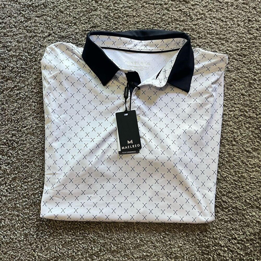 NEW Maelreg Performance Polo Golf Shirt White Navy Club All Over Print Mens XL